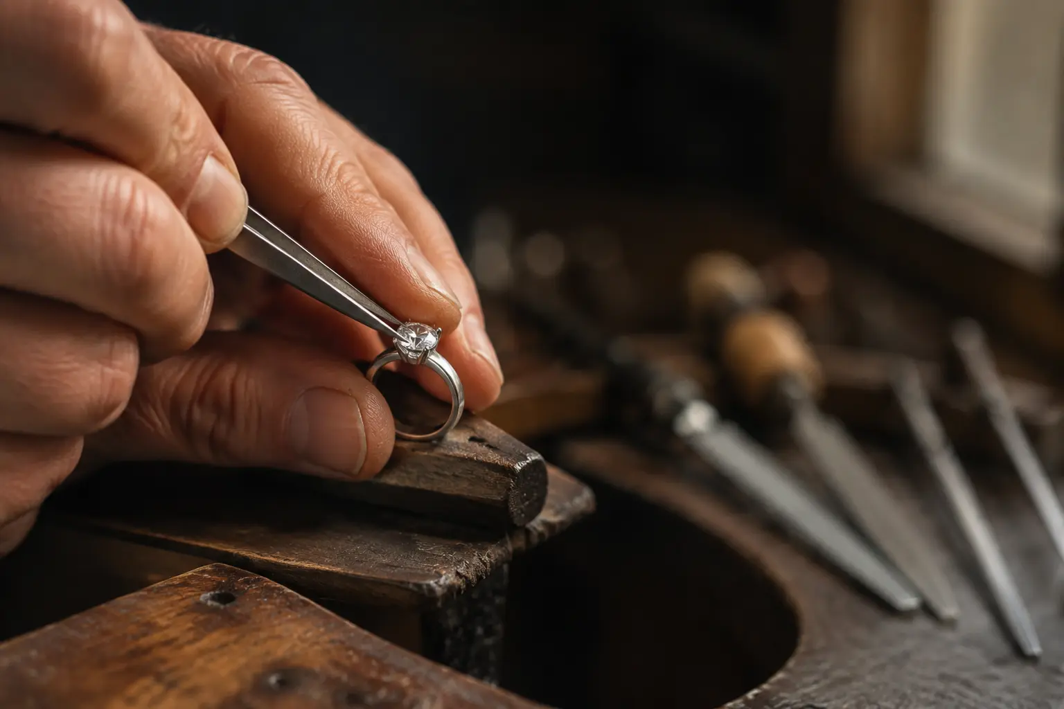 Jeweller carefully setting a diamond into a ring
