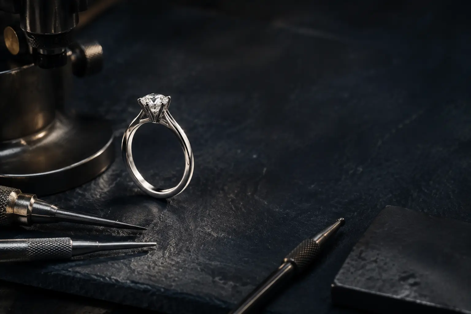 Diamond ring surrounded by precision jewellery tools