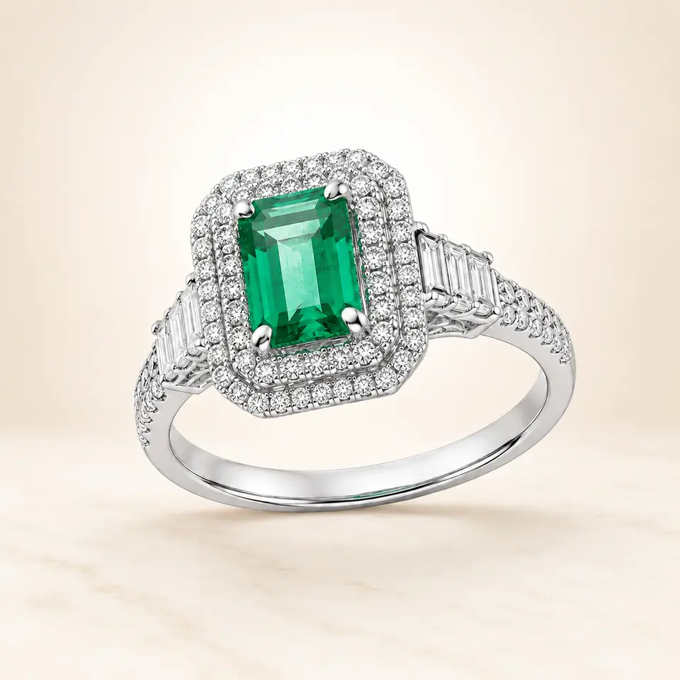 Emerald Halo platinum ring with diamonds