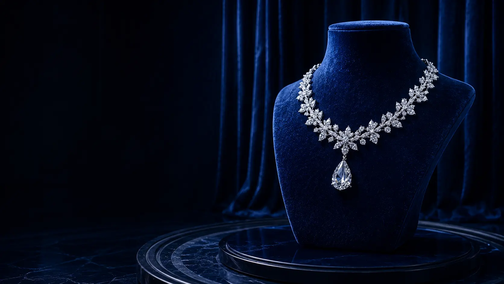 Diamond necklace displayed on a midnight blue velvet bust