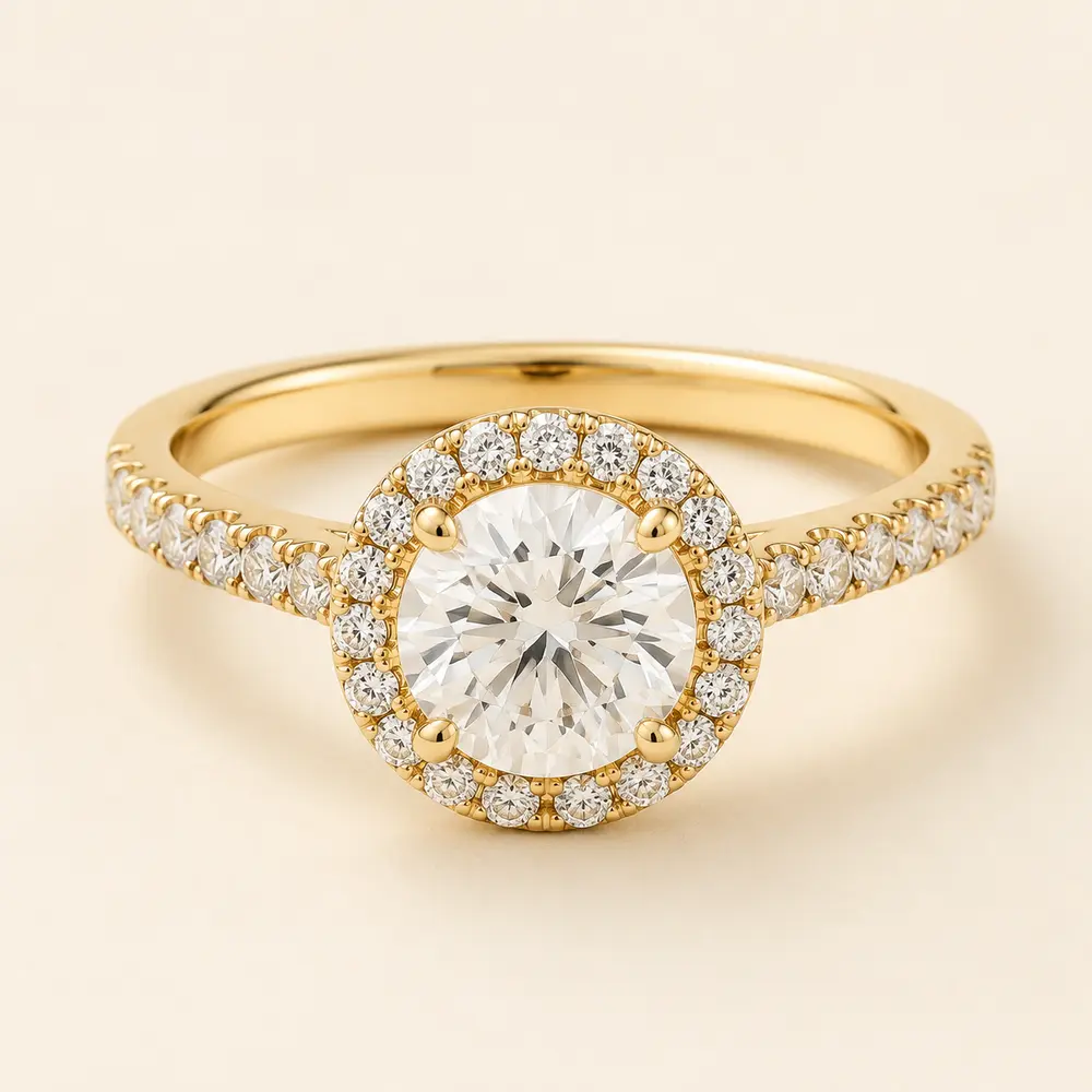 Round diamond halo ring in yellow gold