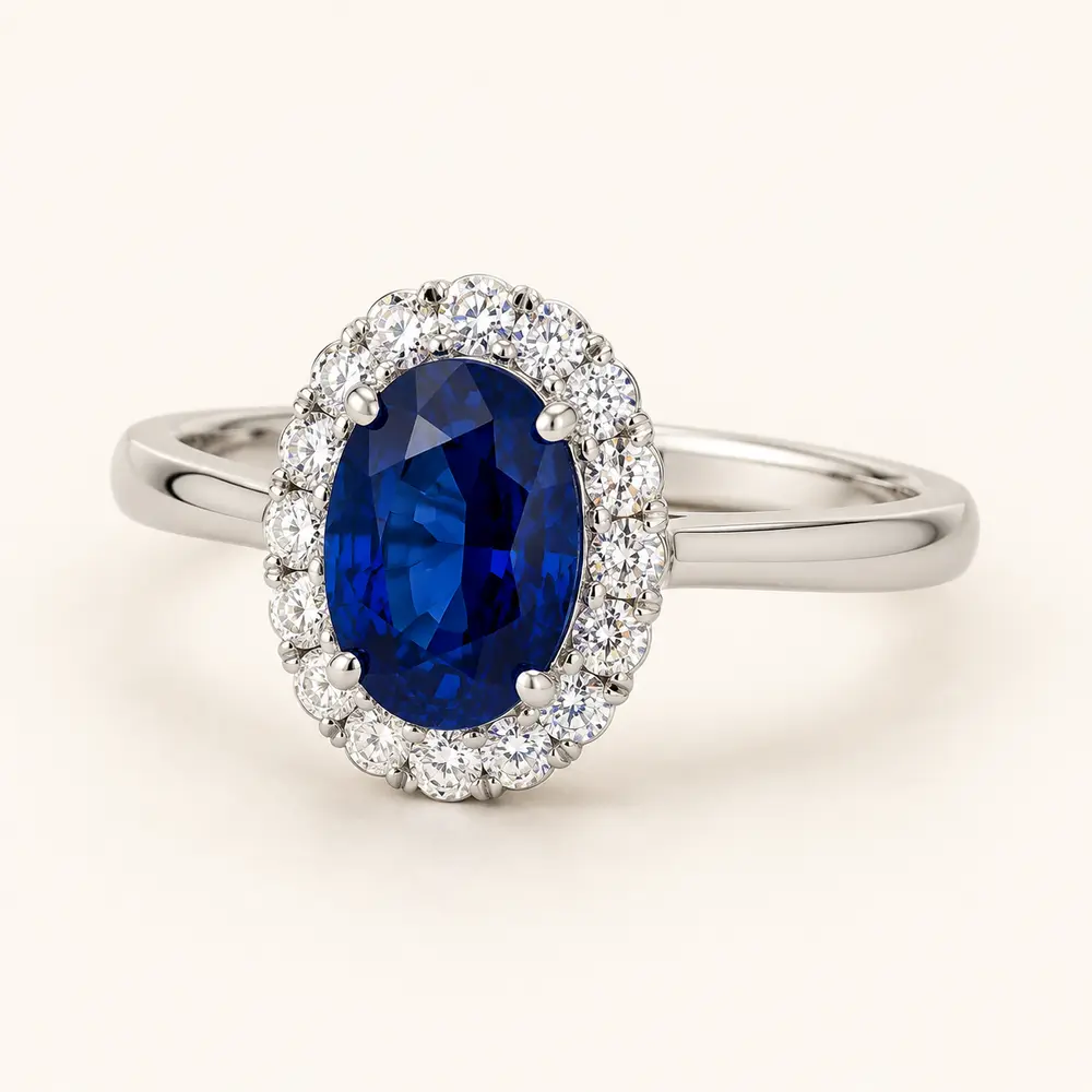 Blue sapphire diamond halo ring in white gold