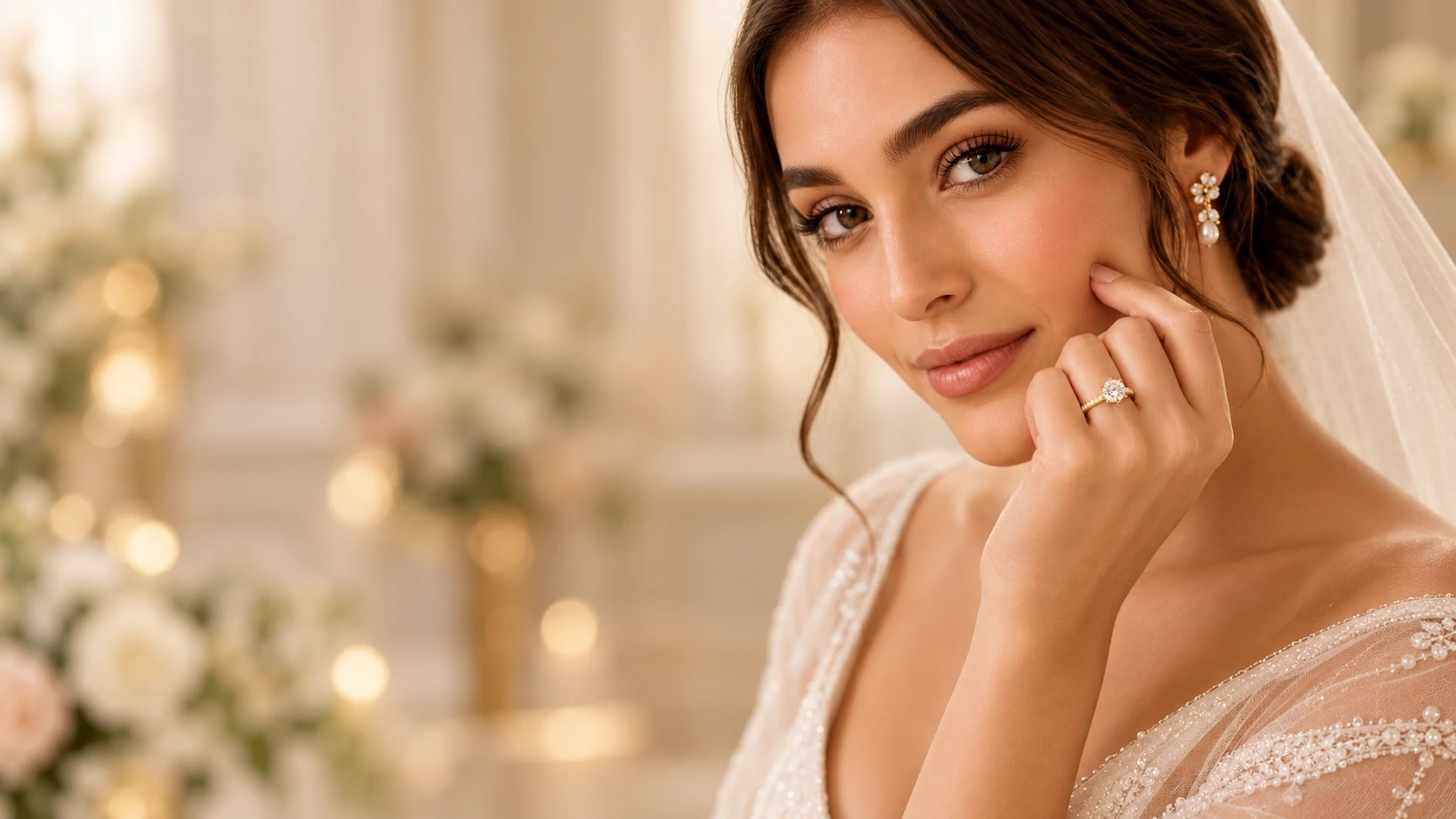 Woman wearing a diamond necklace and drop earrings